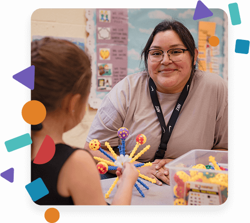 Decorative image of Mikala Crespin in at a crafts table in a classroom with students.