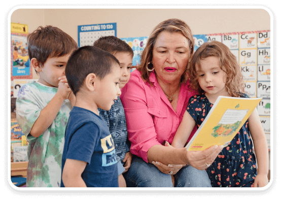 Decorative image of Maria Melendez in classroom reading book to students
